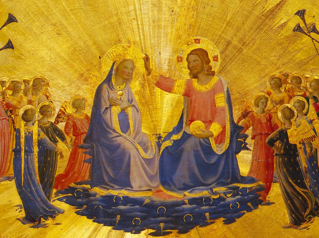 Bild, das Jesus in einem rosafarbenen Gewand zeigt, wie er Maria krönt