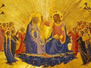 Bild, das Jesus in einem rosafarbenen Gewand zeigt, wie er Maria krönt